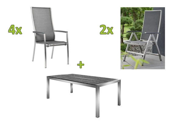 STERN Esstischgarnitur, Silbergrau/grau, Edelstahl/Textilene, Tisch 200 X 100 Cm, 2 Teilige Tischplatte, 4 Stapelsessel, Hohe Rückenlehne, 2 Multipo 3 STERN Esstischgarnitur, Silbergrau/grau, Edelstahl/Textilene, Tisch 200 X 100 Cm, 2 Teilige Tischplatte, 4 Stapelsessel, Hohe Rückenlehne, 2 Multipo