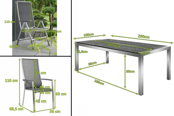 STERN Esstischgarnitur, Silbergrau/grau, Edelstahl/Textilene, Tisch 200 X 100 Cm, 2 Teilige Tischplatte, 4 Stapelsessel, Hohe Rückenlehne, 2 Multipo 4 STERN Esstischgarnitur, Silbergrau/grau, Edelstahl/Textilene, Tisch 200 X 100 Cm, 2 Teilige Tischplatte, 4 Stapelsessel, Hohe Rückenlehne, 2 Multipo – Bild 2