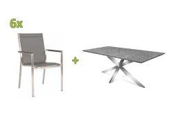 STERN Esstischgarnitur, Silbergrau/grau, Edelstahl/Textilene, Tisch 200 X 100 Cm, 6 Stapelsessel