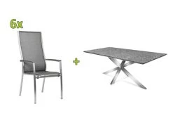 STERN Esstischgarnitur, Silbergrau/grau, Edelstahl/Textilene, Tisch 200 X 100 Cm, 6 Stapelsessel, Hohe Rückenlehne