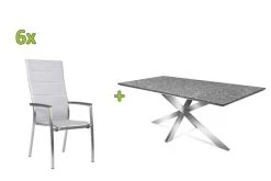 STERN Esstischgarnitur, Silber/grau, Edelstahl/Textilene, Tisch 200 X 100 Cm, 6 Stapelsessel, Hohe Rückenlehne, Padded