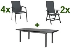 STERN New Top Esstischgarnitur, Anthrazit, Alu / Glas / Textil, Tisch 180/240x100cm, 4 Stapel-, 2 Klappsessel