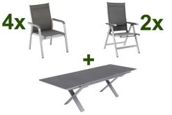 KETTLER BasicPlus Esstischgarnitur, Silber / Anthrazit, Alu / Spraystone / Textil, Tisch 180/280x100cm, 4 Stapelsessel, 2 Multipo