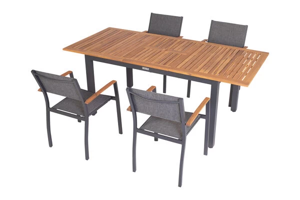 VILLANA Esstischgarnitur, Anthrazit/grau, Alu/ FSC-Akazienholz, Ausziehtisch 150/200 Cm, 4 Stapelstühle 11 VILLANA Esstischgarnitur, Anthrazit/grau, Alu/ FSC-Akazienholz, Ausziehtisch 150/200 Cm, 4 Stapelstühle – Bild 9