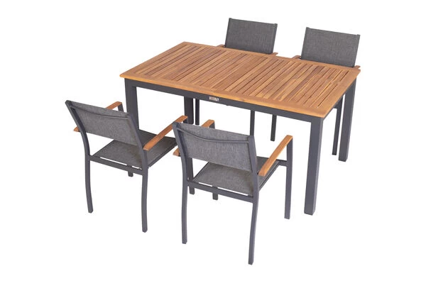 VILLANA Esstischgarnitur, Anthrazit/grau, Alu/ FSC-Akazienholz, Ausziehtisch 150/200 Cm, 4 Stapelstühle 4 VILLANA Esstischgarnitur, Anthrazit/grau, Alu/ FSC-Akazienholz, Ausziehtisch 150/200 Cm, 4 Stapelstühle – Bild 2