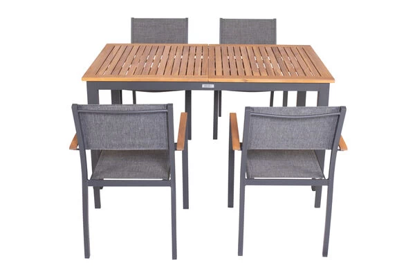 VILLANA Esstischgarnitur, Anthrazit/grau, Alu/ FSC-Akazienholz, Ausziehtisch 150/200 Cm, 4 Stapelstühle 12 VILLANA Esstischgarnitur, Anthrazit/grau, Alu/ FSC-Akazienholz, Ausziehtisch 150/200 Cm, 4 Stapelstühle – Bild 10