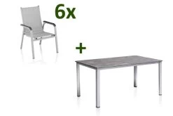 KETTLER Cubic/ Basic Plus Padded Esstischgarnitur, Silber/anthrazit/hellgrau, Alu/Textilene, Tisch 160x90 Cm, 6 Stapelsessel