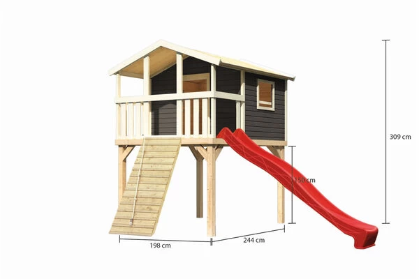 KARIBU Benjamin Stelzenhaus, Terragrau, Nordische Fichte, 198x244x309cm, Mit Rutsche Rot Und Holzrampe 7 KARIBU Benjamin Stelzenhaus, Terragrau, Nordische Fichte, 198x244x309cm, Mit Rutsche Rot Und Holzrampe – Bild 5