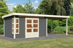 KARIBU Gartenhaus Kastorf 7, Terragrau, Fichtenholz 28mm, 702 X 244 X 222 Cm, Flachdach, Anbau 3,2m