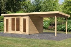 KARIBU Gartenhaus Radeburg 2, Naturbelassen, Fichtenholz 40mm, 724 X 309 X 229,5 Cm, Pultdach, Anbau 3,3m