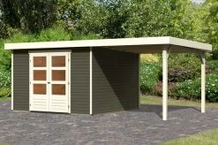 KARIBU Gartenhaus Askola 6, Terragrau, Fichtenholz 19mm, 558 X 306 X 216 Cm, Flachdach, Anbau 2,4m