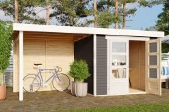 KARIBU Gartenhaus Askola 3, Terragrau, Fichtenholz 19mm, 491 X 217 X 211 Cm, Flachdach, Anbau 2,4m Mit Rückwand