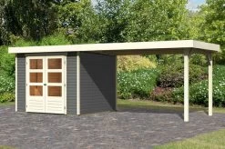 KARIBU Gartenhaus Askola 3,5, Terragrau, Fichtenholz 19mm, 528,5 X 246 X 211 Cm, Flachdach, Seitlicher Anbau 2,8m
