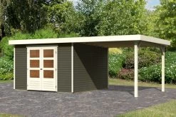 KARIBU Gartenhaus Askola 6, Terragrau, Fichtenholz 19mm, 591,5 X 306 X 216 Cm, Flachdach, Seitlicher Anbau 2,8m