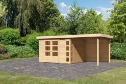 KARIBU Gartenhaus Kerko 5, Naturbelassen, Fichtenholz 19mm, 554 X 246 X 210 Cm, Flachdach, Anbau 2,4m Mit Rückwand