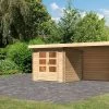 KARIBU Gartenhaus Bastrup2 , Naturbelassen, Fichtenholz 28mm, 554 X 237 X 220 Cm, Pultdach, Anbau 3m Mit Rückwand