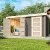 KARIBU Mittelwandhaus Mühlentrup 2, Terragrau, Fichtenholz 19mm, 428 X 272 X 212 Cm, Flachdach -Gartenmöbel Geschäft 30572 2 01.jpg