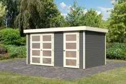 KARIBU Mittelwandhaus Mühlentrup 2, Terragrau, Fichtenholz 19mm, 428 X 272 X 212 Cm, Flachdach -Gartenmöbel Geschäft 30572 2 02.jpg