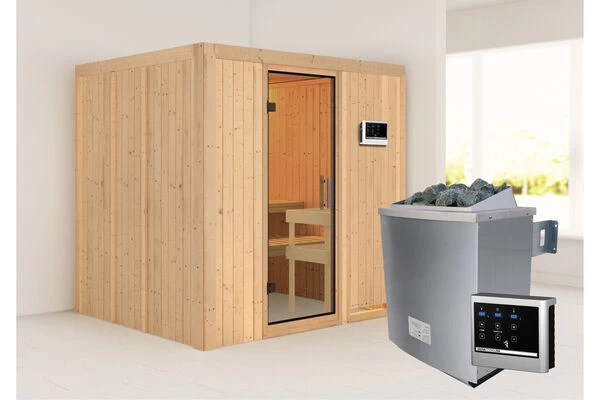 KARIBU Sodin Sauna , Naturbelassen, Fichte, 196x170x198 Cm, Fronteinstieg, Klarglastür, Ofen 4,5 KW Ext. Strg. Easy 3 KARIBU Sodin Sauna , Naturbelassen, Fichte, 196x170x198 Cm, Fronteinstieg, Klarglastür, Ofen 4,5 KW Ext. Strg. Easy