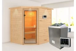 KARIBU Mia Sauna , Naturbelassen, Fichte, 224x184x202 Cm, Bronzierte Tür U. Kranz, Ofen 4,5 KW Bio Ext. Strg. Easy