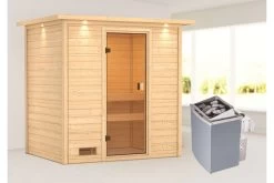 KARIBU Selena Sauna , Naturbelassen, Fichte, 223x159x191 Cm, Kranz SET, Ofen 4,5 KW Integr. Strg.