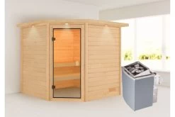 KARIBU Tilda Sauna , Naturbelassen, Fichte, 223x209x191 Cm, Kranz SET, Ofen 4,5 KW Integr. Strg.