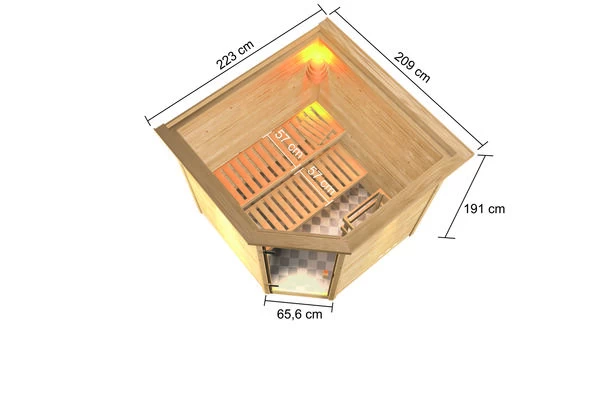 KARIBU Tilda Sauna , Naturbelassen, Fichte, 223x209x191 Cm, Kranz SET, Ofen 4,5 KW Integr. Strg. 7 KARIBU Tilda Sauna , Naturbelassen, Fichte, 223x209x191 Cm, Kranz SET, Ofen 4,5 KW Integr. Strg. – Bild 5
