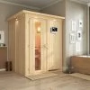 KARIBU Norin Sauna, Naturbelassen, Fichte, 165 X 165 X 202 Cm, Fronteinstieg, Energiespartür Und Kranz SET Mit Ofen 4,5 KW Ext. Strg. Easy
