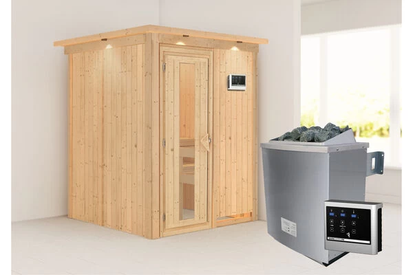 KARIBU Norin Sauna, Naturbelassen, Fichte, 165 X 165 X 202 Cm, Fronteinstieg, Energiespartür Und Kranz SET Mit Ofen 4,5 KW Ext. Strg. Easy 4 KARIBU Norin Sauna, Naturbelassen, Fichte, 165 X 165 X 202 Cm, Fronteinstieg, Energiespartür Und Kranz SET Mit Ofen 4,5 KW Ext. Strg. Easy – Bild 2