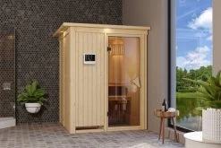 KARIBU Norin Sauna, Naturbelassen, Fichte, 165 X 165 X 202 Cm, Fronteinstieg, Mit Bronzierter Tür Und Kranz, SET Mit Ofen 4,5 KW Ext. Strg. Easy -Gartenmöbel Geschäft 30908 5 02.jpg