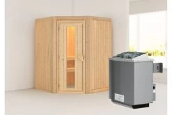 KARIBU Larin Sauna, Naturbelassen, Fichte, 151 X 151 X 198 Cm, Eckeinstieg, Mit Energiespartür, SET Mit Ofen 4,5 KW Integr. Str.