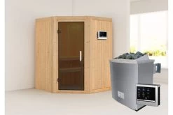 KARIBU Larin Sauna, Naturbelassen, Fichte, 151 X 151 X 198 Cm, Eckeinstieg,mit Graphitfarbener Tür, SET Mit Ofen 4,5 KW Ext. Strg. Easy