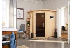 KARIBU Larin Sauna, Naturbelassen, Fichte, 165 X 165 X 202 Cm, Eckeinstieg, Mit Graphitfarbener Tür Und Kranz, SET Mit Ofen 4,5 KW Ext. Strg. Easy