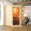 KARIBU Taurin Sauna, Naturbelassen, Fichte, 184 X 165 X 202 Cm, Eckeinstieg,mit Bronzierter Tür Und Kranz, SET Mit Ofen 4,5 KW Bio Ext. Strg. -Gartenmöbel Geschäft 30916 6 01.jpg