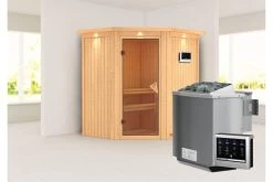 KARIBU Taurin Sauna, Naturbelassen, Fichte, 184 X 165 X 202 Cm, Eckeinstieg,mit Bronzierter Tür Und Kranz, SET Mit Ofen 4,5 KW Bio Ext. Strg. -Gartenmöbel Geschäft 30916 6 02.jpg