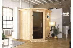 KARIBU Taurin Sauna, Naturbelassen, Fichte, 184 X 165 X 202 Cm, Eckeinstieg, Graphitfarbener Tür Und Kranz SET, Mit Ofen 4,5 KW Ext. Strg. Easy
