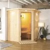 KARIBU Taurin Sauna, Naturbelassen, Fichte, 184 X 165 X 202 Cm, Eckeinstieg, Mit Klarglastür Und Kranz, SET Mit Ofen 4,5 KW Integr. Str. -Gartenmöbel Geschäft 30918 4 01.jpg