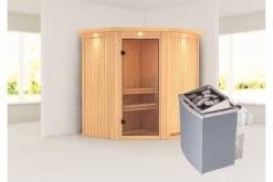 KARIBU Taurin Sauna, Naturbelassen, Fichte, 184 X 165 X 202 Cm, Eckeinstieg, Mit Klarglastür Und Kranz, SET Mit Ofen 4,5 KW Integr. Str. -Gartenmöbel Geschäft 30918 4 02.jpg