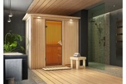 KARIBU Variado Sauna, Naturbelassen, Fichte, 210 X 132 X 202 Cm, Fronteinstieg,mit Bronzierter Tür Und Kranz, SET Mit Ofen 4,5 KW Integr. Str.