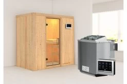KARIBU Variado Sauna, Naturbelassen, Fichte, 196 X 118 X 198 Cm, Fronteinstieg, Mit Klarglastür, SET Mit Ofen 4,5 KW Bio Ext. Strg.