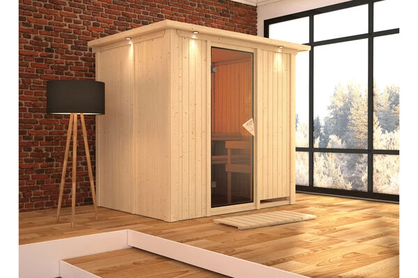 KARIBU Bodin Sauna, Naturbelassen, Fichte, 210 X 165 X 202 Cm, Fronteinstieg,mit Bronzierter Tür Und Kranz SETmit Ofen 4,5 KW Integr. Str. 3 KARIBU Bodin Sauna, Naturbelassen, Fichte, 210 X 165 X 202 Cm, Fronteinstieg,mit Bronzierter Tür Und Kranz SETmit Ofen 4,5 KW Integr. Str.