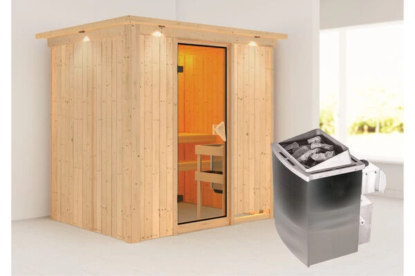 KARIBU Bodin Sauna, Naturbelassen, Fichte, 210 X 165 X 202 Cm, Fronteinstieg,mit Bronzierter Tür Und Kranz SETmit Ofen 4,5 KW Integr. Str. 4 KARIBU Bodin Sauna, Naturbelassen, Fichte, 210 X 165 X 202 Cm, Fronteinstieg,mit Bronzierter Tür Und Kranz SETmit Ofen 4,5 KW Integr. Str. – Bild 2