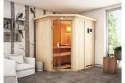 KARIBU Carin Sauna, Naturbelassen, Fichte, 210 X 165 X 202 Cm, Eckeinstieg,mit Bronzierter Tür Und Kranz SETmit Ofen 4,5 KW Bio Ext. Strg.