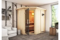 KARIBU Carin Sauna, Naturbelassen, Fichte, 210 X 165 X 202 Cm, Eckeinstieg,mit Graphitfarbener Tür Und Kranz SETmit Ofen 4,5 KW Ext. Strg. Easy