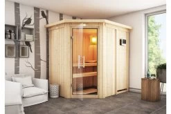 KARIBU Carin Sauna, Naturbelassen, Fichte, 210 X 165 X 202 Cm, Eckeinstieg,mit Klarglastür Und Kranz SETmit Ofen 4,5 KW Ext. Strg. Easy
