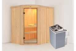 KARIBU Lavea Sauna, Naturbelassen, Fichte, 151 X 196 X 198 Cm, Eckeinstieg,mit Rundbogenelement SET Mit Ofen 4,5 KW Integr. Str.