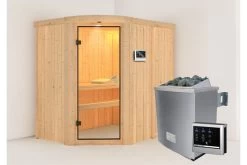 KARIBU Lavea Sauna, Naturbelassen, Fichte, 151 X 196 X 198 Cm, Eckeinstieg,mit Rundbogenelement SET Mit Ofen 4,5 KW Ext. Strg. Easy
