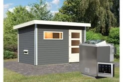 KARIBU Skrollan 1 Saunahaus, Terragrau, Fichte, 336 X 196 X 195 Cm, Fronteinstieg, Mit Moderner Tür SET Mit Fenster, Ofen 9 KW Bio Ext. Strg. Easy -Gartenmöbel Geschäft 30941 3 03.jpg