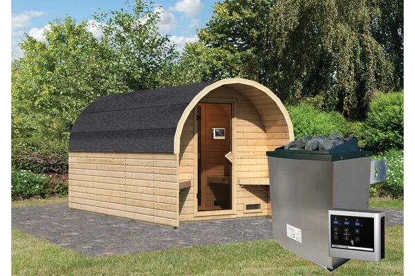 KARIBU Fasshaus 3 Saunahaus, Naturbelassen, Fichte, 219 X 385 X 218,5 Cm, Fronteinstieg, SET Mit Ofen 9 KW Ext. Strg. 3 KARIBU Fasshaus 3 Saunahaus, Naturbelassen, Fichte, 219 X 385 X 218,5 Cm, Fronteinstieg, SET Mit Ofen 9 KW Ext. Strg.