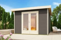 KARIBU Mainburg 1 Saunahaus, Terragrau, Fichte, 309x309x229 Cm, SET 1 Mit Doppelflügeltür, Vorraum Und 9 KW Bio-Ofen